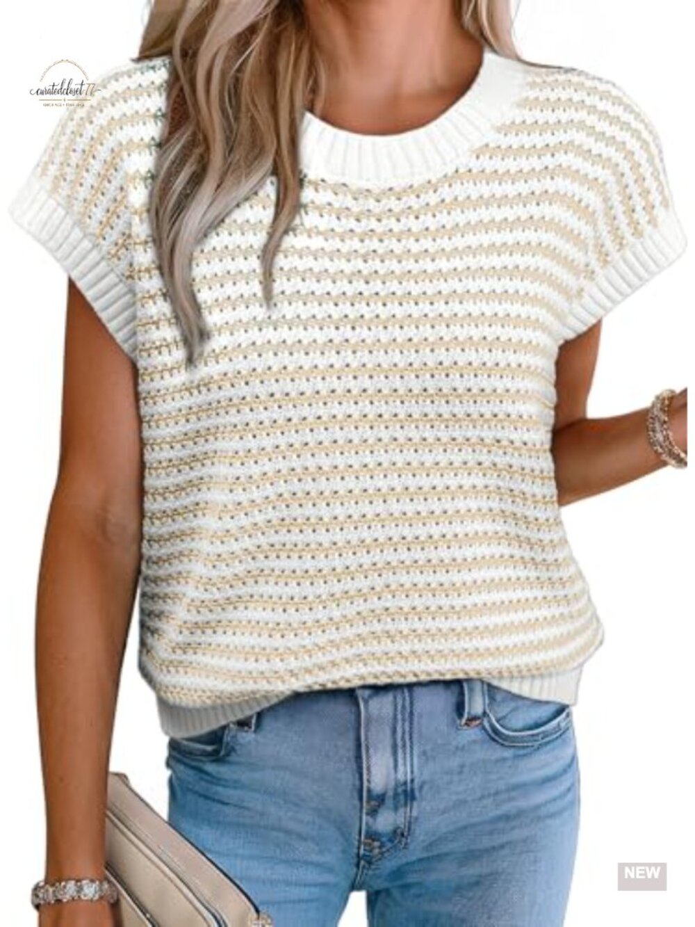 Women's Striped Cap Sleeve Sweater Vest Crew Neck Ribbed Knit Tank Top
